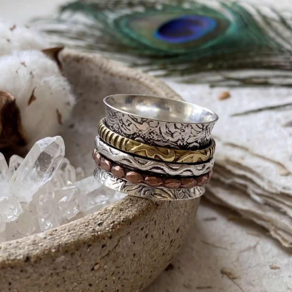 925 Sterling Silver Spinner Ring Brass Copper Mixed Metal Meditation Boho Sz 7.5